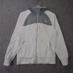 The North Face Jacket Womens Small White Gray Hooded Fuzzy Fleece Full Zip